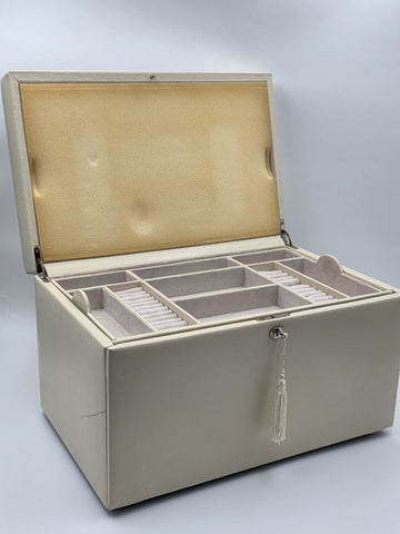 Vintage XL Pottery Barn 4 Level Jewelry Box Organizer Cream Case W Mirror & Key.