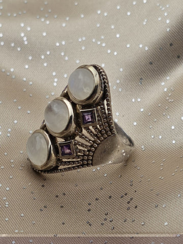 Rare Himalayan Gems 3-Moonstone & Amethyst Multistone Sterling Silver Ring. 9.5