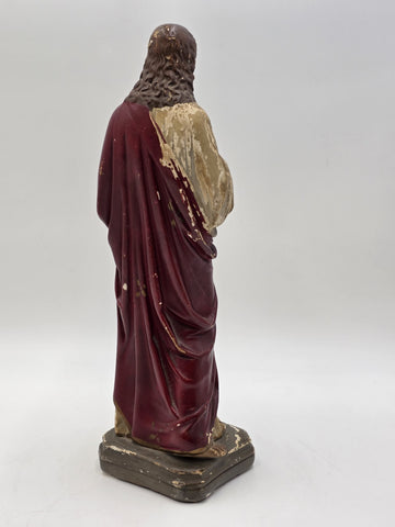 Antique 1930's Sacred Heart Jesus Chalkware Statue 13” Painted Religious Figure