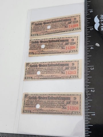Norfolk & Western Railroad Co Gold Bond Coupons Stamps lot 4. $25 Issued 1894