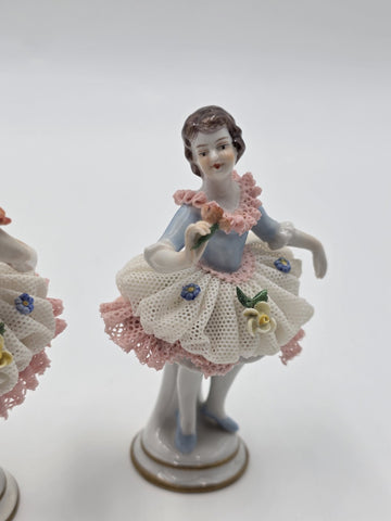 Vintage Dresden Style Porcelain Lace Ballerina Dancer Figurines Pair German 4"
