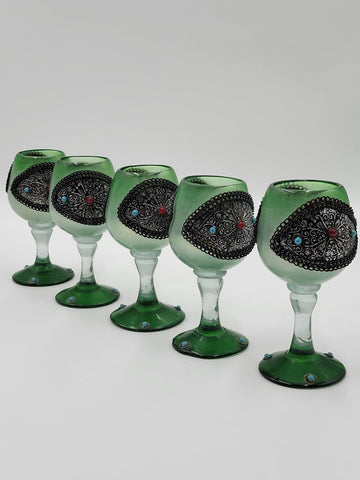 Gorgeous Vintage One Of A Kind Green Emerald Highly Ornate Pitcher & 5 Glasses