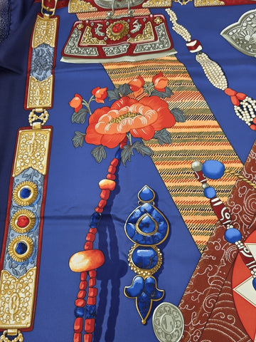 Hermès Silk Scarf 90 “Tibet” Cathy Latham Blue Red Gold Tibetan Jewelry Motif
