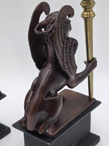 Rare Pair of Antique Late 19th C Heavy Bronze Griffin bookends/ Candleholders.