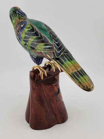 RARE BEAUTIFULLY COLORED CLOISONNE BIRD (PARAKEET) W WOODEN STAND. 7 Inch Wide.