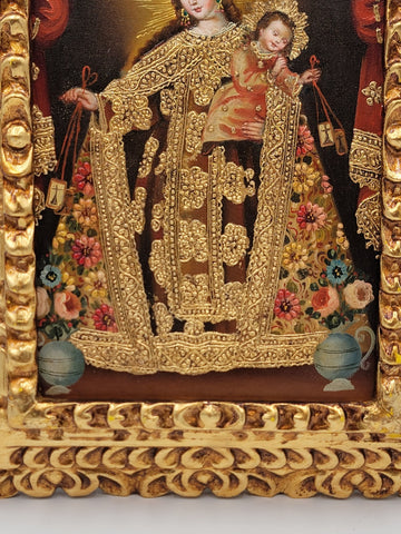 Gorgeous Estilo cuzqueño Painting "Red Madonna & Child " In Golden Wooden Frame.