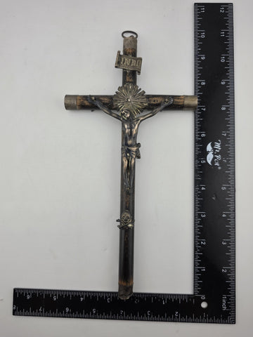 Antique 19th C Crucifix Metal Jesus On Wood Cross W Rare Tips Memento Mori Skull
