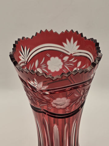 Vtg Bohemian Czech Ruby Cut To Clear Crystal Vase, Large and Heavy Crystal Vase