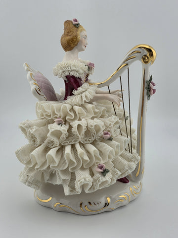 Antique C1930's Dresden Lace Porcelain Harp Lady Figurine Crown D Germany.