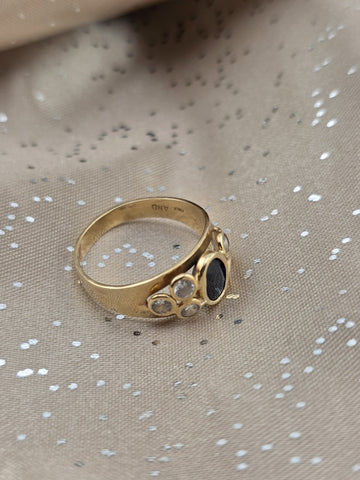 Vintage 14K Gold Italy Black Onyx White CZ Ring Bezel Cluster Band Size 6.5