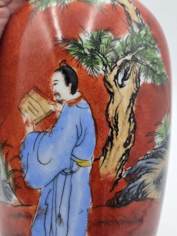 Antique Chinese Republic Famille Rose Coral Red Scholar Vase Qianlong Mark 10"