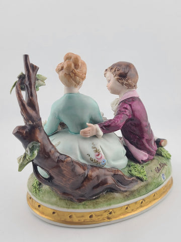 Antique Capodimonte Boy and Girl Porcelain Figurine Romantic Scene W 5”