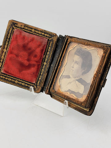 1860's Beautiful Lady Tin Type Fine Gutta Percha Deer Buck Hunter Pocket Frame