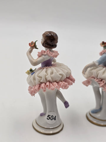 Vintage Dresden Style Porcelain Lace Ballerina Dancer Figurines Pair German 4"