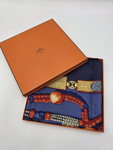 Hermès Silk Scarf 90 “Tibet” Cathy Latham Blue Red Gold Tibetan Jewelry Motif