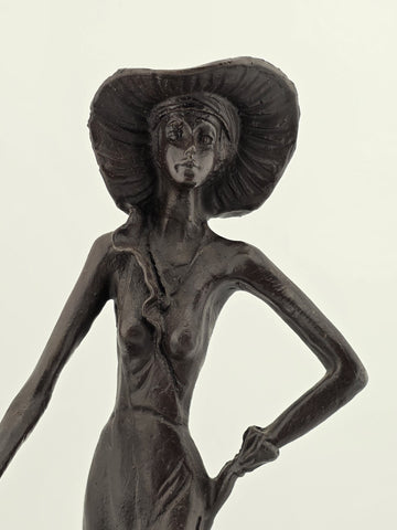 Rare 1930's Art Deco French Bronze Sculpture of Lady Walking Her Greyhound Dog.