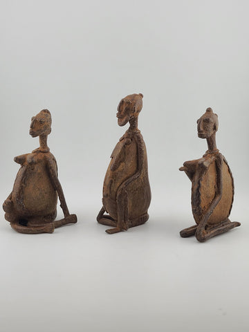 Rare Antique Set Of 3 Sitting Ethnic Tribal People Bronze Dogon Mali Africa