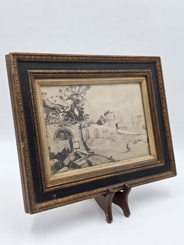 Rare Antique Framed Etching After Guercino "Ravine and Pool" Landscape Print