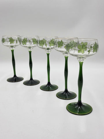 Set Of 5 Theresienthal Enameled Hock Stemware Wine Glass W Grapes & Leaves C1920