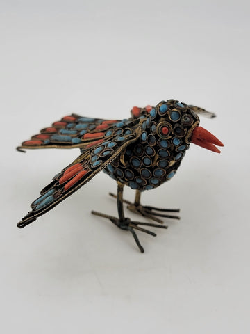 Antique Handmade Brass Turquoise Coral Glass Decorated Bird Ornament Middle East