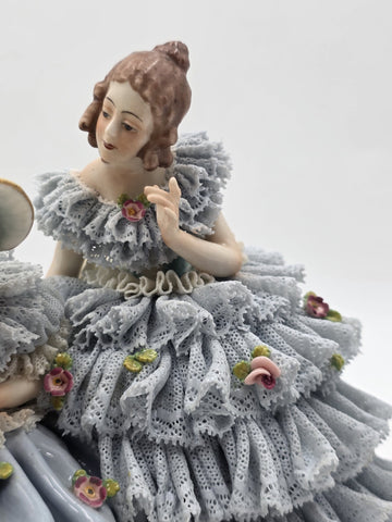 Antique German Dresden Lace Porcelain Figurine Two Ladies On Bench Volkstedt