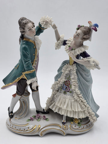Vintage German Dresden Lace Porcelain Courting Couple Figurine Hand Painted 7.5"
