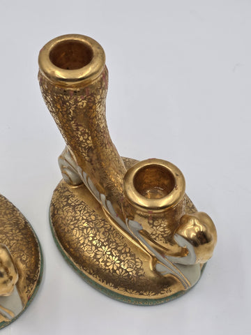 Pair 1930's  LE MIEUX CHINA 24 KARAT GOLD DOUBLE CANDLE STICK HOLDERS VINTAGE