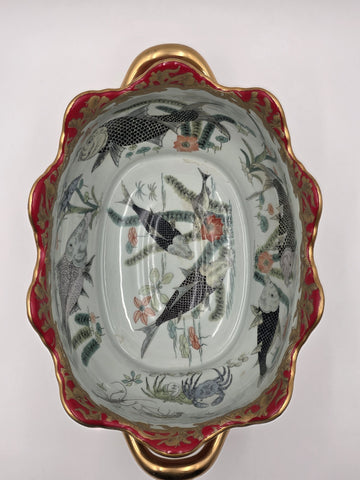 Antique XL Chinese handpainted Red porcelain 24kt gold Oval Footbath, Jardiniere