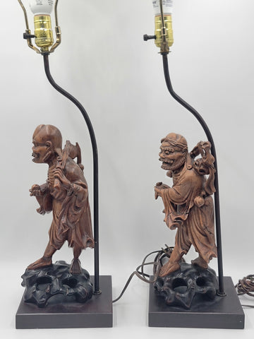 Pair Of Antique C 1910's Chinese Handcarved Boxwood Statues Made Into Lampshades