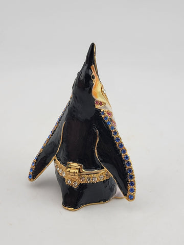 Vintage Penguin Treasure Inside Enameled Rhinestone Trinket Box In Original Box.