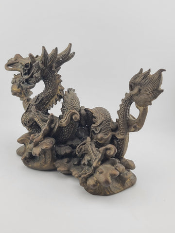 Antique Japan Solid Bronze 8.5" Intricate & Detailed Coiled Dragon w Pearl