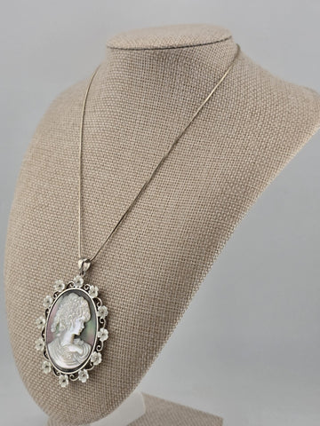 Large Sterling Silver Mother of Pearl Cameo Pendant Necklace Floral Frame 925