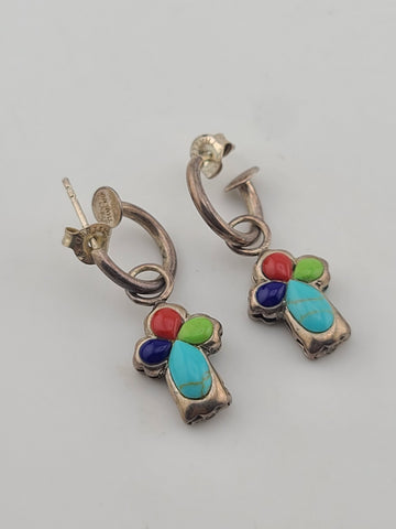Rare OOAK Sterling Silver Southwestern Inlay Cross Dangle Hoop Earrings 925