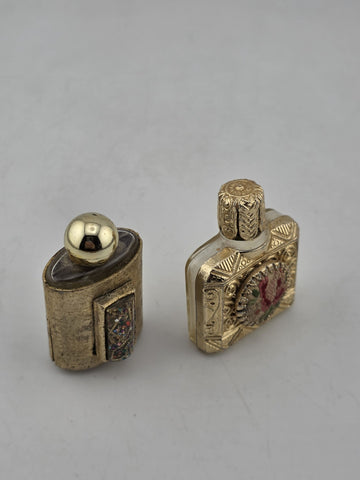 Rare Antique 1950's Mini Perfume Bottles Floral Needlepoint & Gold Tone MCM Lot