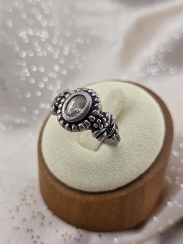 Antique 925 Sterling Silver Oval Clear Stone Floral Oxidized Artisan Ring Sz 8