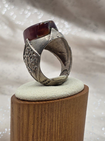 Antique Persian 925 Sterling Silver Dark Red Carnelian Agate Mens Ring Floral.