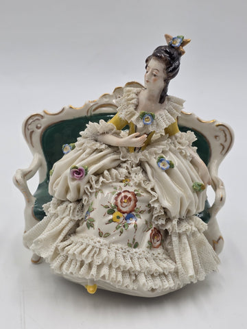 Vintage Dresden Lace Porcelain Lady Figurine Seated On Settee Sofa Germany 1078