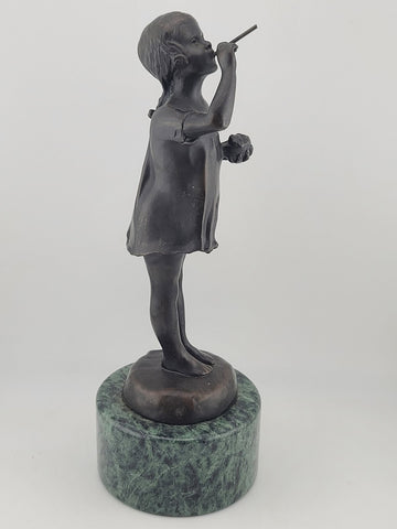 Vintage Bronze Sculpture by Suzanne Crizaro “Girl Blowing Bubbles” Marble Stand