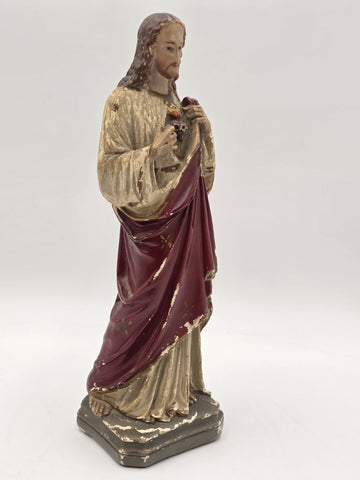 Antique 1930's Sacred Heart Jesus Chalkware Statue 13” Painted Religious Figure
