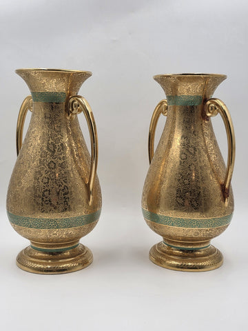 Pair Vintage Le Mieux 24 Karat Gold Handled Vases Victorian Scene Ladies Cherubs