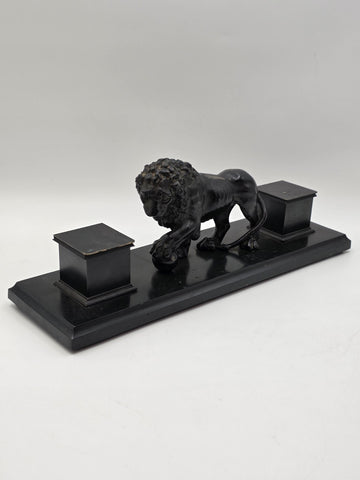 19th C Victorian Cast Iron Lion Double Inkwell Desk Set Antique Black Japanned.