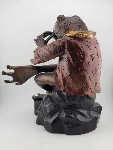 RARE HEAVY LARGE BRONZE SCULPTURE " FROG WITH LEGS CROSSED PLAYING FLUTE" 10 Lbs