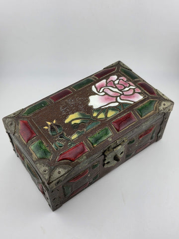 RARE ANTIQUE JAPANESE COPPER  BRASS-BOUND JEWELRY BOX W RAISED ENAMEL DECO MEIJI