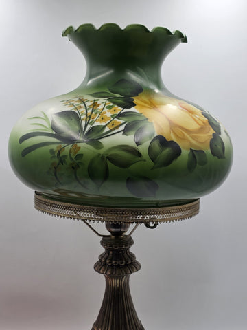 Antique Victorian Style Hurricane Lamp Electric Floral Shade Ornate Brass Base