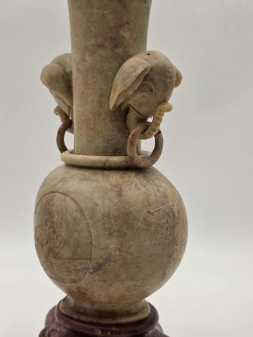 Antique Chinese Carved Hardstone Vase Elephant Ring Handles Stone Stand 12"