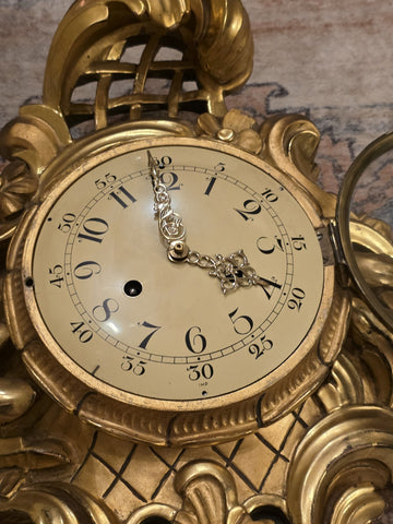 Antique Swedish Rococo Gold Gilt Wall Clock FHS Hermle Movement 1920s. Working.