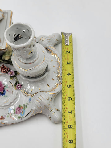 Rare Antique 19th C Porcelain Candle Holder Stand W Cherub & Flowers. Stamped.