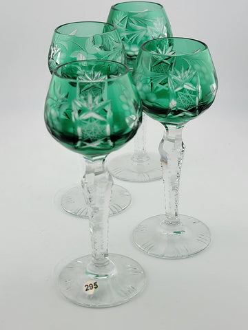 Set Of 4 Lausitzer Bohemian Crystal Green Cut Glass Etched. No Chips Or Cracks