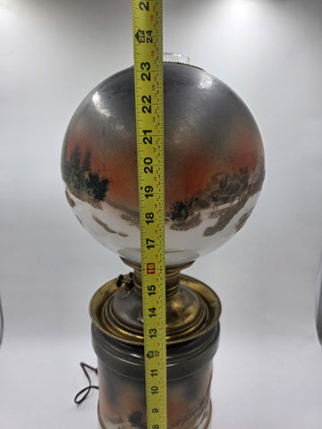 Antique Victorian 1890 Gone With The Wind Lamp Log Cabin Winter Snowy Scenery