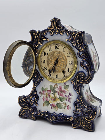 1889 WATERBURY Parlor No.98 Victorian Cobalt Blue Porcelain Ceramic Mantel Clock